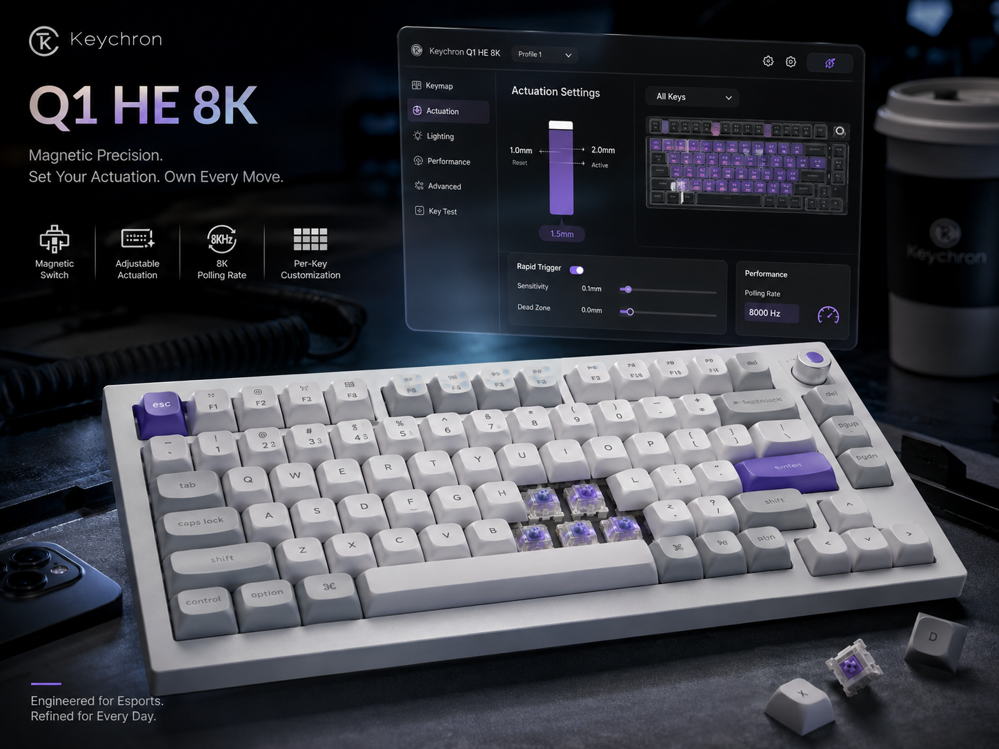 Keychron Q1 HE 8K magnetic keyboard with adjustable actuation settings.